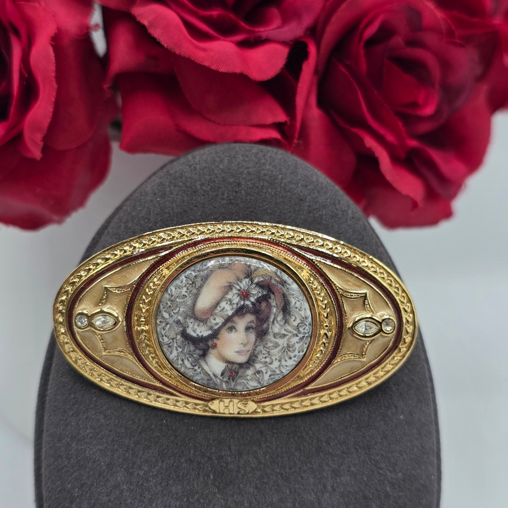 HS Vintage Style Edwardian Portrait Brooch Gold Tone Enamel Rhinestone Oval Pin